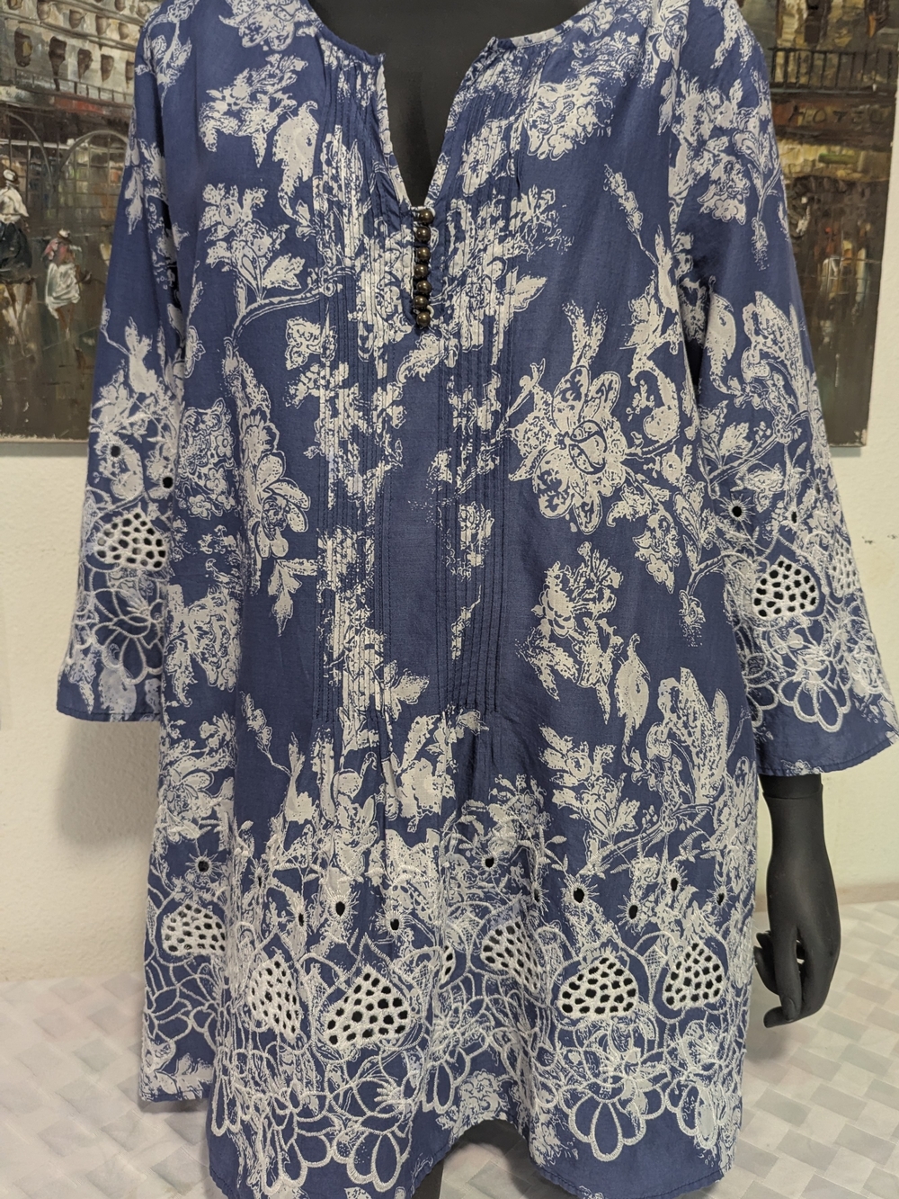 Women’s Blue Floral Lace-Trim Tunic Top